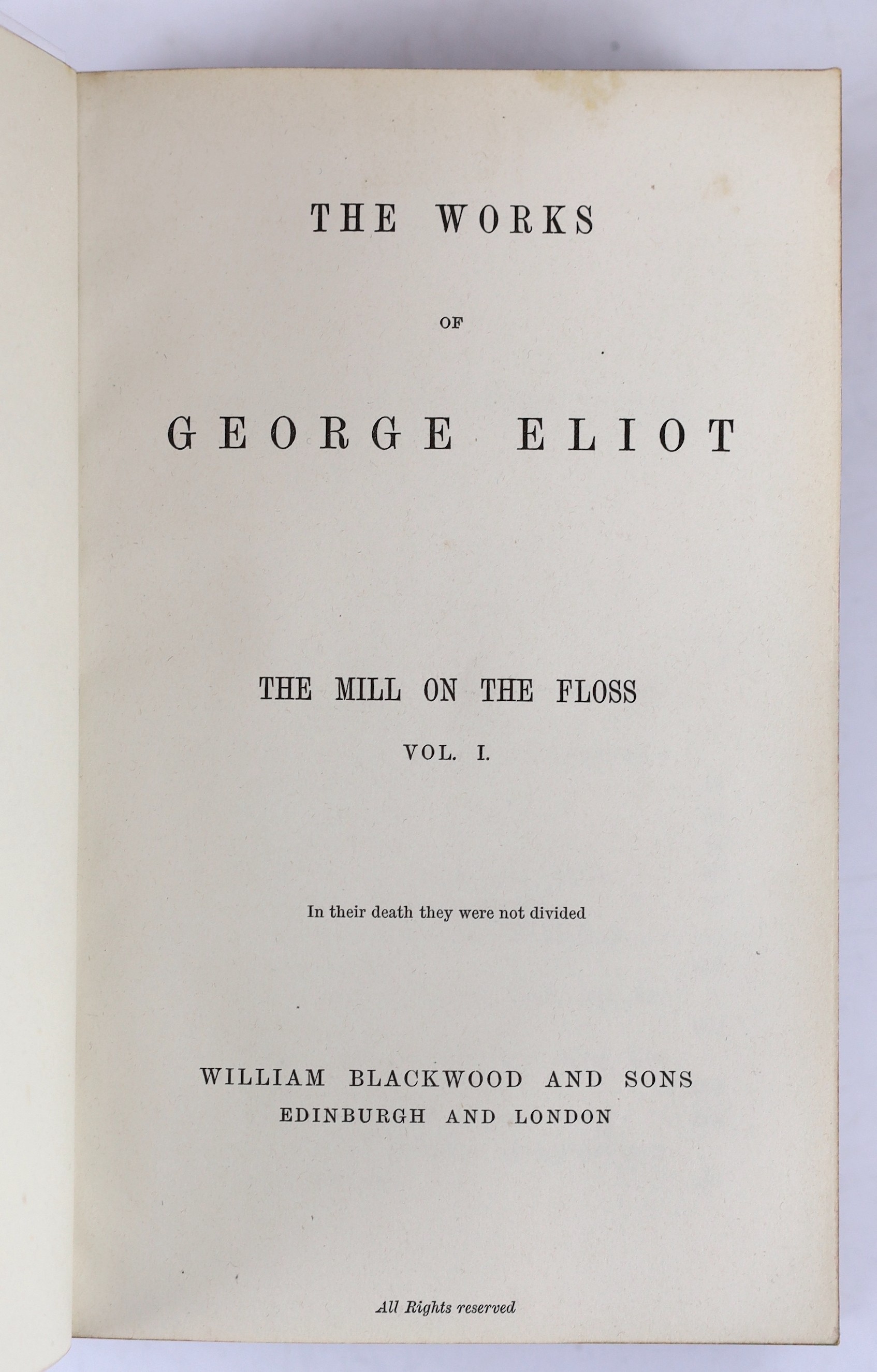 Eliot, George - The Works, 7 books bound in 12, consisting of The Mill on the Floss, (2 vols); Adam Bede; (2 vols); Romulo, (2 vols); Felix Holt, (2 vols); Silas Marner,; The Spanish Gypsy; Impressions of Theophrastus Su